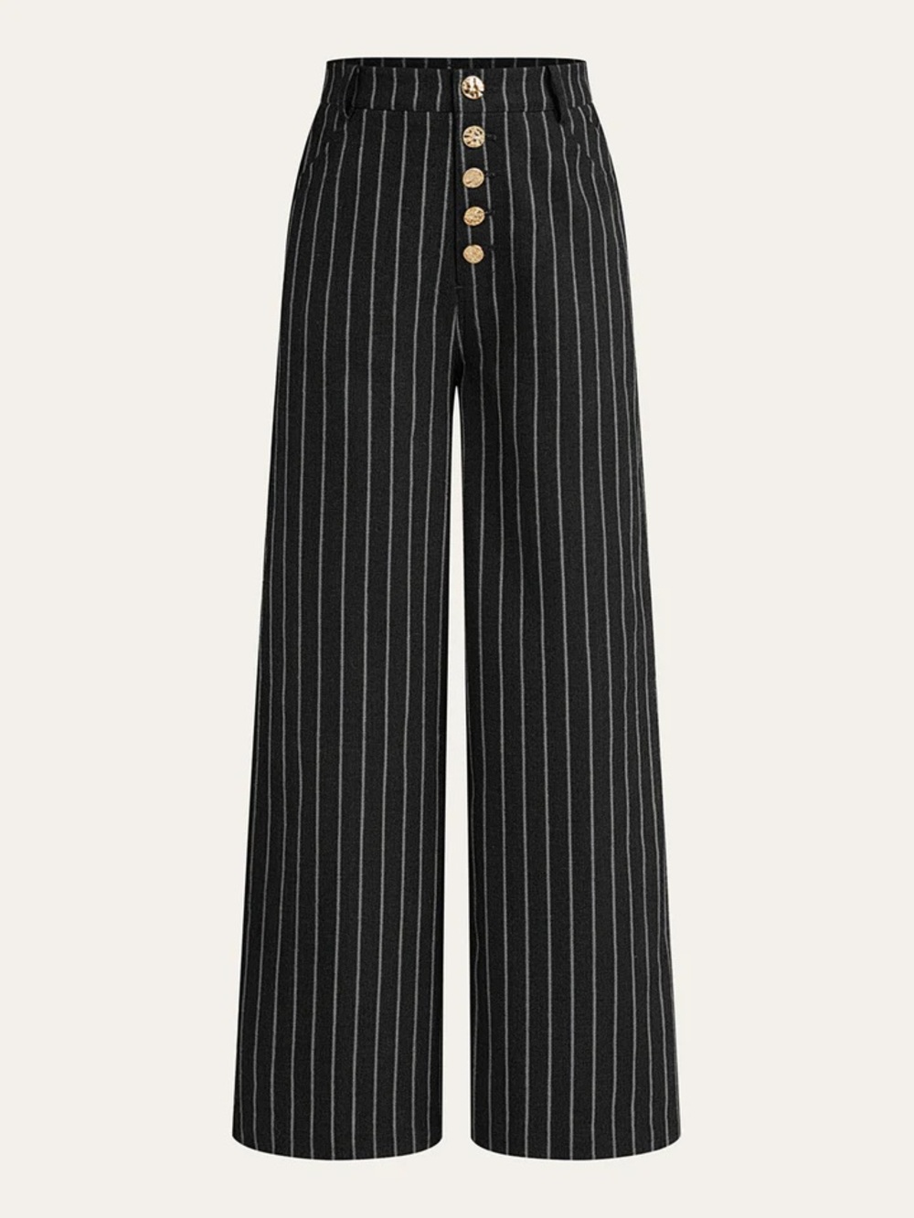 Commense Black Pinstripe High-Waist Wide-Leg Pants with Gold Buttons